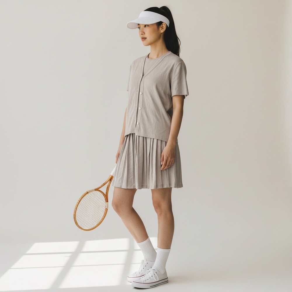 Vintage Beige Button-Up Knit Cardigan and Drop Waist Pleated Dress Set
